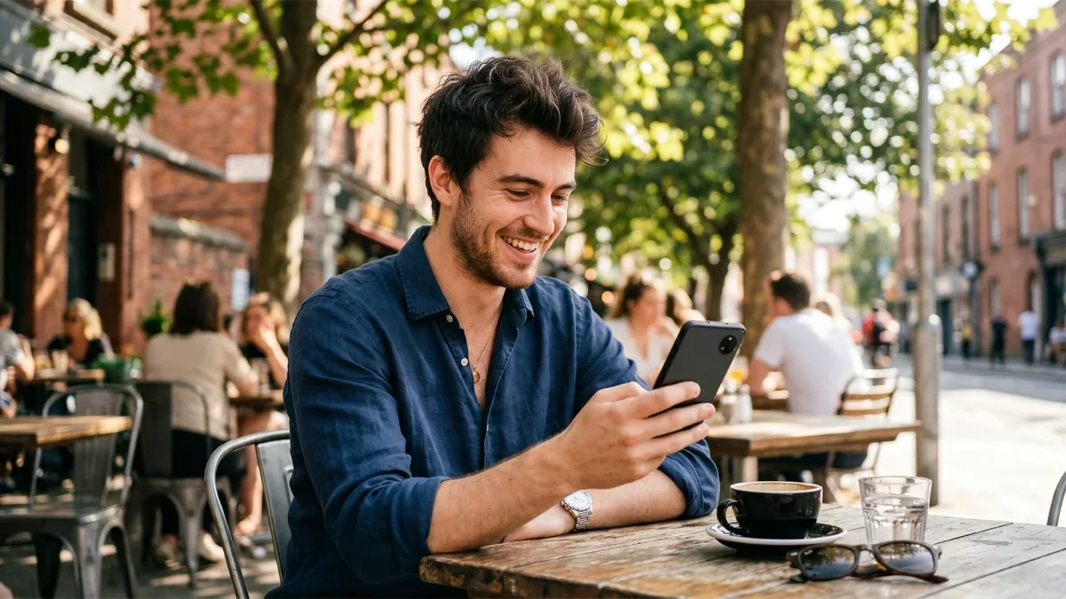 Cliente sorrindo enquanto lê uma mensagem no celular em um café